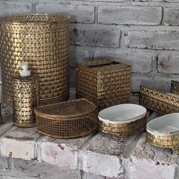 Vintage USA-Made Stylebuilt Brass Woven Bathroom Accessories: Wastebasket Tissue Box Soap Dispenser SoapTrays Towel Tray Brush Holder Basket