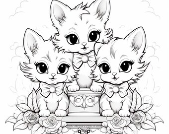 Cartoon Kittens coloring book, digital download PDF, Kitten PDF, 5 Pictures for printing, High quality
