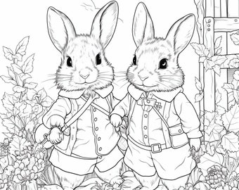 Cartoon Rabbit friends coloring book, digital download PDF, Rabbits PDF, 5 Pictures for printing, High quality