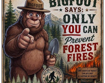 Hochwertiges, halbglänzendes Bigfoot-Poster zur Waldbrandprävention im Smokey-Bear-Stil, lustige Sasquatch-Wanddekoration, Geschenkidee für Nationalparks