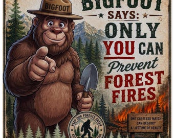 Bigfoot-Waldbrand-Poster, Kunst im Smokey-Bear-Stil, lustige Sasquatch-Wanddekoration, Geschenkidee für Nationalparks, Vintage-Kunstdruck für den Außenbereich