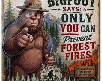 Acryl-Kunstdruck: Bigfoot-Poster zur Waldbrandprävention, Kunst im Smokey-Bear-Stil, lustige Sasquatch-Wanddekoration, Geschenkidee für Nationalparks, Vintage-Stil
