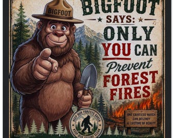 Hochwertiges, halbglänzendes Poster mit Holzrahmen: Bigfoot-Waldbrandpräventionsposter im Smokey-Bear-Stil, Nationalpark, Vintage-Druck