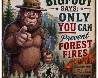 Klassisches, halbglänzendes Papierposter „Bigfoot – Waldbrandprävention“, Kunst im Smokey-Bear-Stil, lustige Sasquatch-Wanddekoration