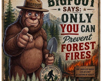 Poster „Bigfoot“ aus Holz zur Waldbrandprävention, Kunst im Smokey-Bear-Stil, lustige Sasquatch-Wanddekoration, Geschenk für Nationalparks, Outdoor-Druck