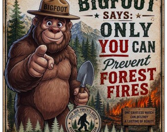 Poster mit Bigfoot-Motiv aus Schaumstoff, ideal zur Waldbrandprävention, im Stil von Smokey Bear, lustige Sasquatch-Wanddekoration, Geschenkidee für Nationalparks, Outdoor-Druck