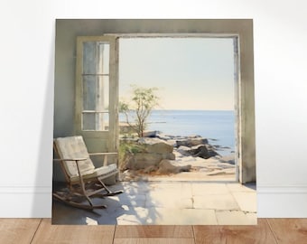 Andrew Wyeth inspirierte Küste von Maine Kunst, Küstenwanddekor, einsames Boot Aquarell, gedämpfte Töne Meerlandschaft, New England Strandhaus Geschenk