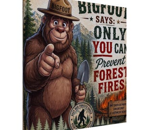 Bigfoot-Poster zur Waldbrandprävention auf Leinwand, Kunst im Smokey-Bear-Stil, lustige Sasquatch-Wanddekoration, Geschenkidee für Nationalparks, Outdoor-Druck