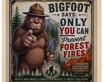 Gerahmtes Leinwandbild: Bigfoot-Poster zur Waldbrandprävention, Kunst im Smokey-Bear-Stil, lustige Sasquatch-Wanddekoration