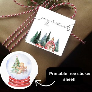 Afdrukbare kerstkaart, kerstcadeau vanaf, gratis afdrukbare kerststicker, kerstcadeau, Noel-cadeaubon, sticker sneeuwbol