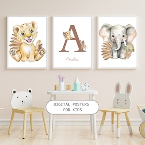 Conjunto de 3 arte de pared, decoración de dormitorio de sabana, póster infantil de guardería, animales de sabana, póster infantil digital, póster de animales