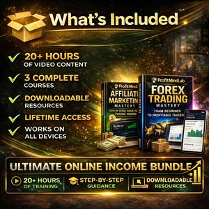 May include: An online income bundle graphic with the text "What's Included." Features include 20+ hours of video content, 3 complete courses, downloadable resources, lifetime access, and works on all devices. Includes books and a smartphone.
