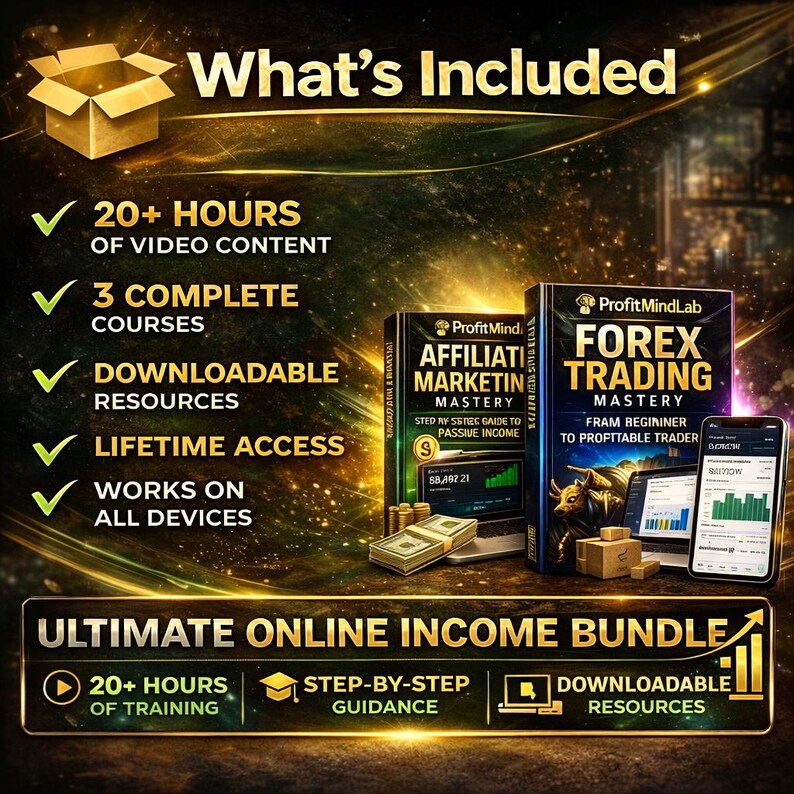 May include: An online income bundle graphic with the text "What's Included." Features include 20+ hours of video content, 3 complete courses, downloadable resources, lifetime access, and works on all devices. Includes books and a smartphone.