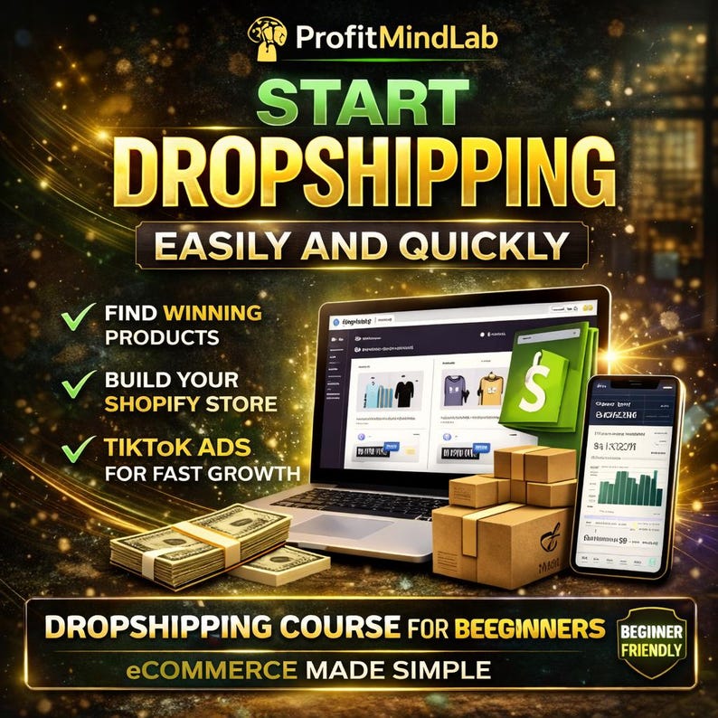 May include: A promotional image for a dropshipping course. The image features a laptop displaying an e-commerce website, a smartphone with a graph, stacks of money, and cardboard boxes. Text includes "Start Dropshipping Easily and Quickly" and "Dropshipping Course for Beginners."