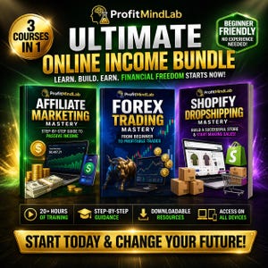 May include: An advertisement for an online income bundle with three courses: Affiliate Marketing, Forex Trading, and Shopify Dropshipping. The image features book covers, graphics, and text promoting financial freedom and passive income. The text includes "Beginner Friendly" and "Start Today & Change Your Future!"