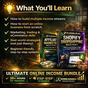 May include: An advertisement for an online income bundle. The image features two book covers, one for "Affiliate Marketing Mastery" and the other for "Shopify Dropshipping Mastery." Text highlights what you'll learn, including building income streams and eCommerce skills. The bundle includes 20+ hours of training.