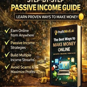 May include: A book cover titled "The Best Ways to Make Money Online" with the ProfitMindLab logo. The cover features a laptop graphic and text about side hustles, freelancing, and passive income. The image also includes text: "Step-by-Step Passive Income Guide."