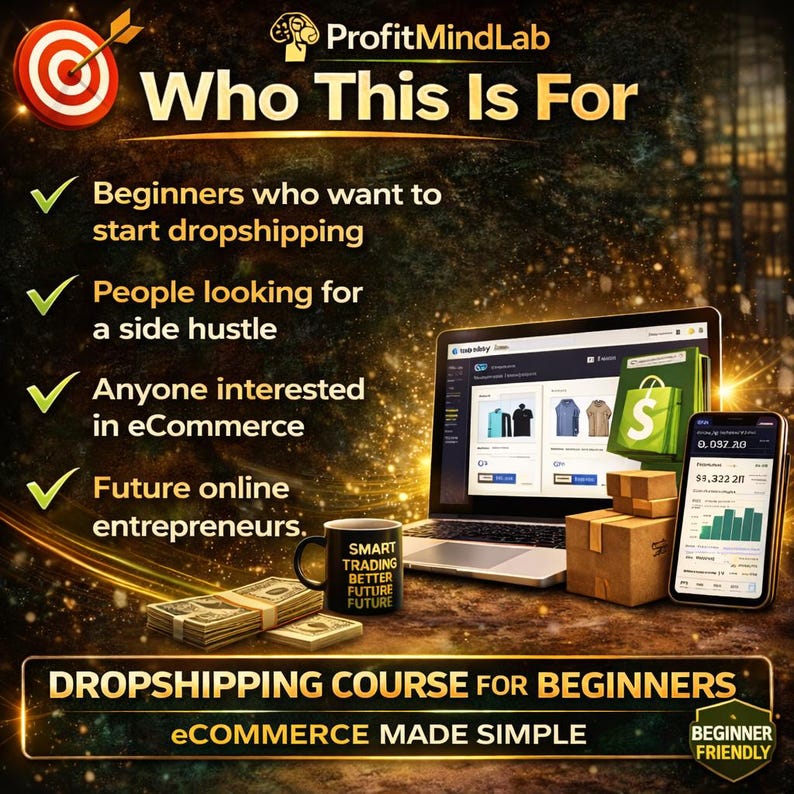 May include: An advertisement for a dropshipping course. The image features a laptop, smartphone, and coffee mug with text. Text includes "Who This Is For", "Dropshipping Course for Beginners", and "eCommerce Made Simple". A target with an arrow is in the upper left.