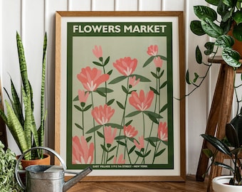 Cartel de arte verde ingenuo del mercado de flores con flores rosas, descarga digital imprimible, lindo arte de pared de moda, exposición, decoración estética de la habitación