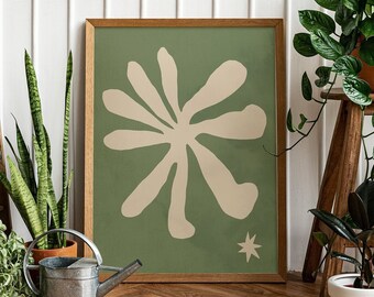 Cartel de arte verde ingenuo de flor abstracta, descarga digital imprimible, lindo arte de pared de moda, exposición, decoración estética de la habitación, estética terrosa