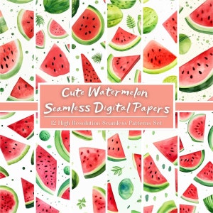 Peut inclure: Un ensemble de 12 papiers numériques avec un motif sans couture de tranches de pastèque aquarelle, de feuilles et de points verts sur un fond blanc. Le texte "Cute Watermelon Seamless Digital Papers" et "12 High Resolution Seamless Patterns Set" est affiché sur une bannière rose.