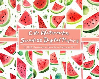 Cute Watermelon Digital Paper Set, Watercolor Watermelons Seamless Pattern, Digital Fruit Scrapbooking, Melon Repeating Art, Commercial Use