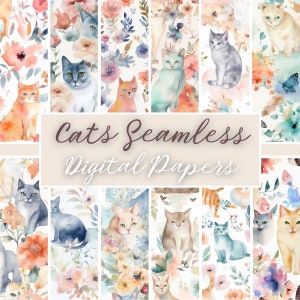 Cats Digital Paper, Flowers Seamless Pattern, Cats Seamless Pattern, Pet Digital Paper, Watercolor Seamless Pattern, Commercial Use