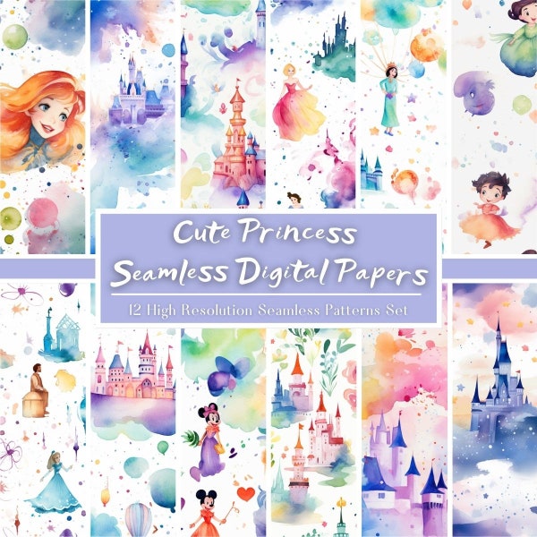 Cute Princess Digital Paper Set, Fairytale Princess Seamless Pattern, Beautiful Nursery Scrapbooking, Digital Download, Commercial Use