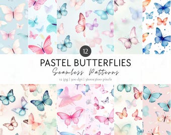 Pastel Butterfly Digital Paper Set, Watercolor Butterflies Seamless Pattern, Pink Butterfly Scrapbook Paper, Digital Art, Commercial Use