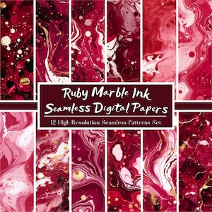 May include: Twelve seamless digital paper patterns featuring a ruby red and gold marble ink design. The patterns are high resolution and can be used for a variety of projects.