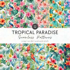Watercolor Tropical Flowers Digital Paper Set, Floral Seamless Pattern, Tropical Summer Scrapbook Paper, Floral Background, Commercial Use