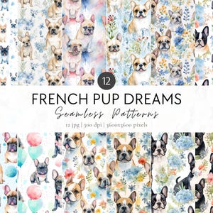 Cute French Bulldog Digital Paper Set, Watercolor French Bulldog Seamless Patterns, Dog Scrapbook Papers, Animal Prints, Commercial Use