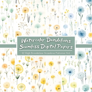 Watercolor Dandelions Digital Paper Set, Dandelions Seamless Pattern, Floral Background, Flowers Digital Scrapbook Paper, Commercial Use