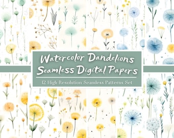 Watercolor Dandelions Digital Paper Set, Dandelions Seamless Pattern, Floral Background, Flowers Digital Scrapbook Paper, Commercial Use