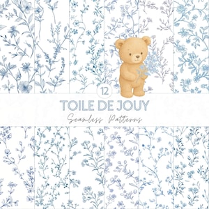 Toile de Jouy Floral Seamless Pattern Set, Blue Flowers Digital Papers, Junk Journal Chinoiserie Paper, Vintage French Scrapbook Paper