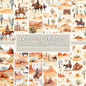 Set di carta digitale per cactus ad acquerello, modello senza cuciture occidentale, carta per album di cavalli, stampe digitali da cowboy, uso commerciale