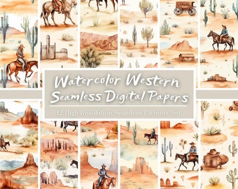 Watercolor Cactus Digital Paper Set, Western Seamless Pattern, Horse Scrapbook Paper, Cowboy Digital Prints, Commercial Use