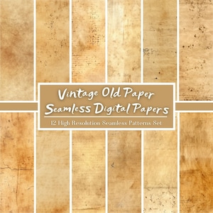 May include: A set of 12 vintage old paper seamless digital papers. The papers have a variety of textures and colors, including brown, beige, and cream. The papers are perfect for scrapbooking, card making, and other craft projects.