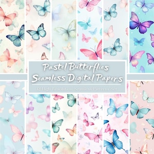 Conjunto de papel digital de borboletas pastel, padrão sem costura de borboletas em aquarela, papel de álbum de recortes de borboleta rosa, JPG digital, uso comercial