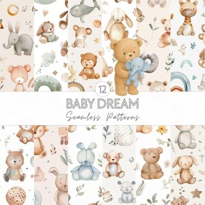 May include: Twelve "Baby Dream" seamless patterns showcasing watercolour illustrations of baby animals such as bears, bunnies, and elephants. The patterns use soft pastel colours and include whimsical elements like rainbows and stars.