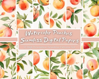 Watercolor Peaches Digital Paper Set, Cute Peach Seamless Pattern, Fruit Scrapbook Papers, Summer Repeating Pattern, Commercial Use