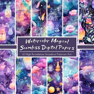 Watercolor Magical Digital Paper Set, Colorful Magic Seamless Pattern, Magical Scrapbook Paper, Wizard Digital Download, Commercial Use