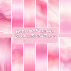 Op de afbeelding: Een verzameling van 12 naadloze digitale papieren met hoge resolutie in verschillende roze tinten. De aquarel ombre patronen bevatten verlopen en abstracte ontwerpen. De tekst luidt "Watercolor Pink Ombre Seamless Digital Papers."