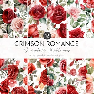 Watercolor Red Roses Digital Paper Set, Red Roses Seamless Pattern, Watercolor Floral Digital Prints Set, Flowers Pattern, Floral Background