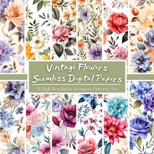 Watercolor Vintage Flowers Digital Paper Set, Watercolor Flowers Seamless Pattern, Vintage Floral Repeating Pattern, Commercial Use