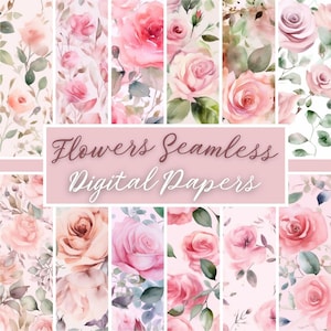 Pink Roses Digital Paper Set, Roses Seamless Pattern, Flowers Seamless Pattern, Flowers Digital Scrapbook Paper, Roses Clipart