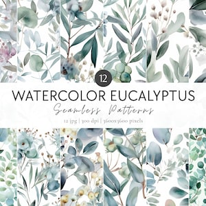 Watercolor Eucalyptus Digital Papers, Eucalyptus Seamless Patterns, Eucalyptus Pattern, Wedding Pattern, Leaves Pattern, Scrapbook Paper