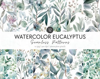 Watercolor Eucalyptus Digital Papers, Eucalyptus Seamless Patterns, Eucalyptus Pattern, Wedding Pattern, Leaves Pattern, Scrapbook Paper