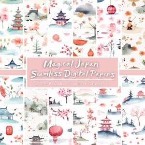 Magical Japan Seamless Pattern Set, Watercolor Cherry Blossom Paper, Japanese Digital Art, Japanese Prints, Digital Download, Commercial Use