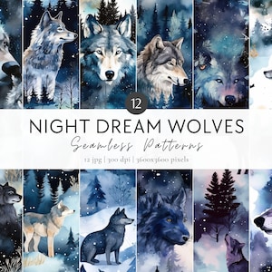 Dreamy Wolf Digital Paper Set, Magical Wolf Seamless Pattern, Night Dog Scrapbook Paper, Watercolor Wolf Scrapbook Paper, Commercial Use